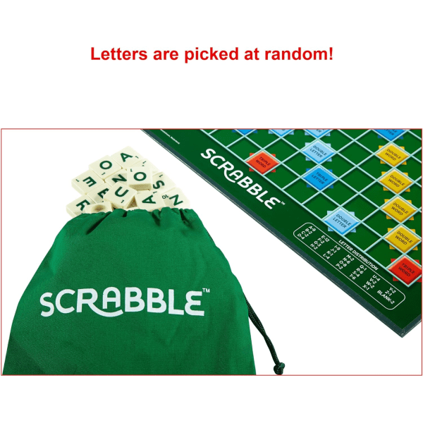 Klassisk Scrabble, originalt kryssordbrettspill, engelsk versjon, familiebrettspill for voksne og barn, ordspill, for 2 til 4 spillere, 10 år