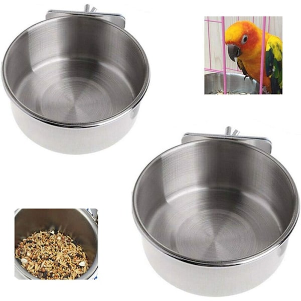 Fågelmatare i rostfritt stål, fast matskål, hängande bur, vattenbehållare, husdjurstillbehör för fågelbur, 2-pack