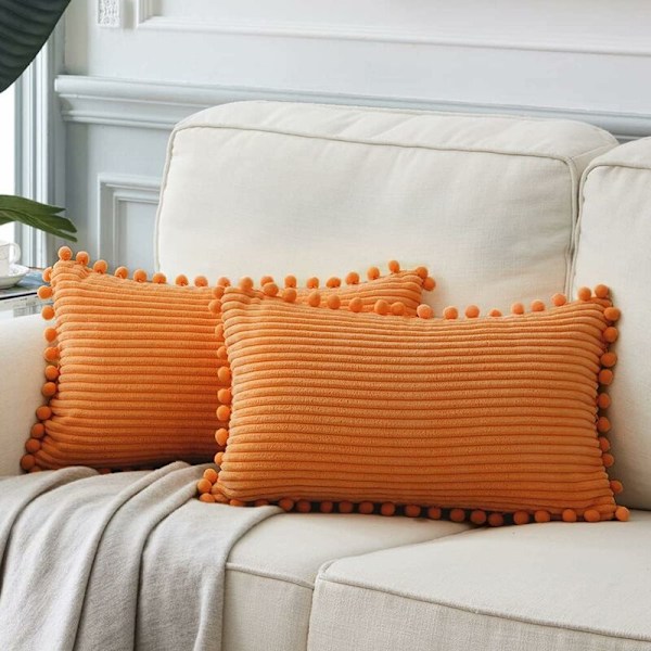 Pakke med 2 dekorative lumbale putetrekk med pomponer, myke fløyelsmyke rektangulære putetrekksett for sofa, stue, soverom, bil