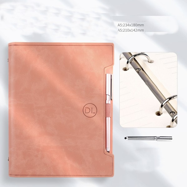 Dagbok A5 Notebook Pärm Läder Dagbok Metall Ringpärm Påfyllningsbar penna med ställ Inbunden Executive Classic Premium Tjockleksplanerare Färg: Rosa