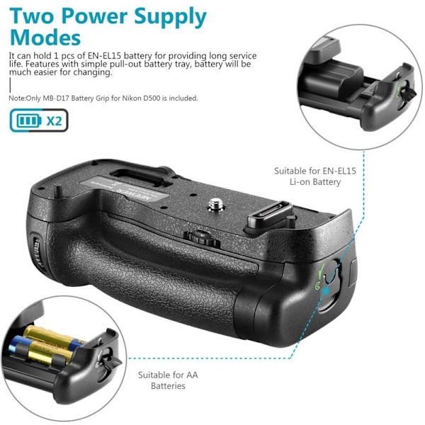 Vertikal Batterigrebsholder til D500 DSLR Kamera MB-D17 med ENEL15 Batteri eller 8 stk. AA Batterier