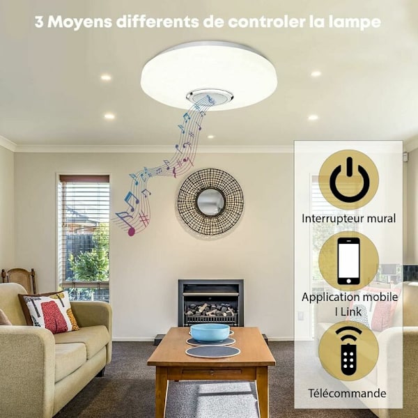 36W LED-loftslampe med Bluetooth-højttaler, farveskiftende loftslampe, fjernbetjening og mobilapp, 3600LM, 3000-6500K, IP44, til soveværelse, stue, badeværelse