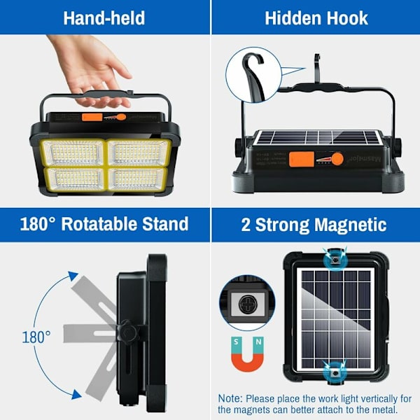 Mascot Uppladdbar LED-Arbetsbelysning 100W, Uppladdbar Byggarbetsplatsbelysning Solpanel 4 Belysningslägen, Perfekt för Camping, Arbeten, Fiske
