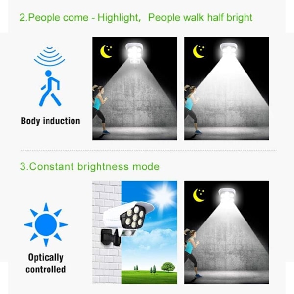 77 LED Solcellslampa Utomhus, Simulerad Övervakningslampa, Säkerhetslampa med Rörelsesensor, Solcellslampa på Vägg, Falska Övervakningskameror