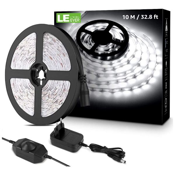 10M Dimbar LED-stripe, 6000K Kald Hvit LED-stripe 600 SMD 2835 LEDer, 12V Selvklebende LED-stripe med Dimmer, Koblinger+Transformator, Innendørs Belysning