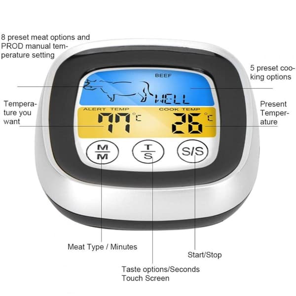 Trådløs stegetermometer Touch Screen Digitalt elektrisk stegetermometer med timer og alarmfunktion-