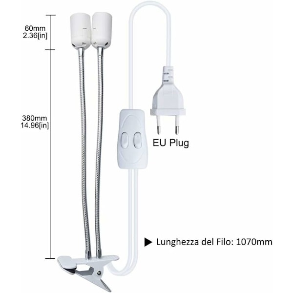 E27 Lampeholderklemme, Klemmeholder med 2 Sokler, med Dobbelt Tænd/Sluk-kontakt, Gåsesnakke-slange 360 ​​Grads Rotation, til Plantelamper Bordnatlæsning