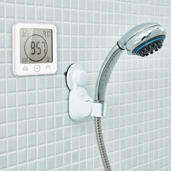Badeværelsesur, LCD Digital Alarm med Vandafvisende Touch-Brusebadsur, Temperatur Fugtighed, Nedtælling, 3 Monteringsmetoder, Batteridrevet (Hvid)