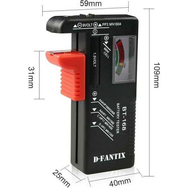 Universal batteritester, batterispenningstester for AA AAA C D 9V 1,5V nøkkelbatterier