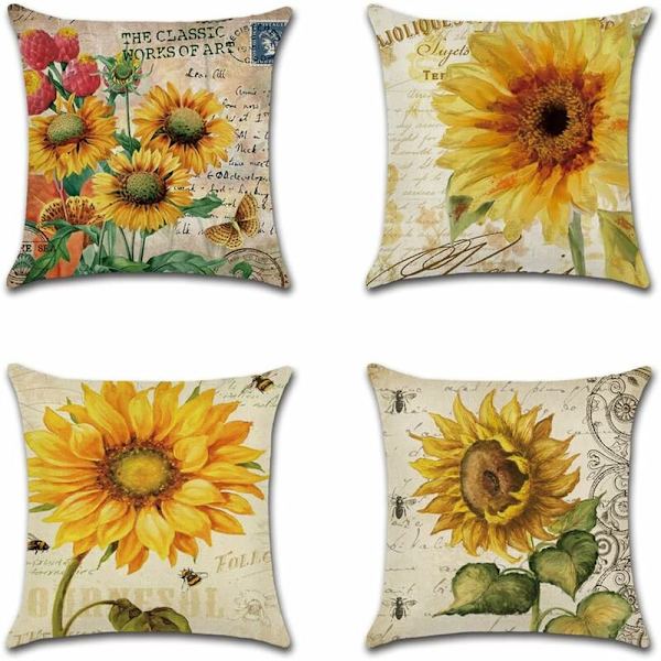Putetrekk 45 x 45 cm Blomster, Fugler, Dyr og Planter Mønster Vanntett Putetrekk for Sofa Hjem Stue Soverom Dekorasjon 4 Stykker (Sol