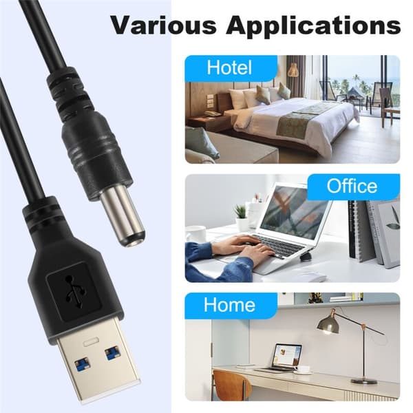 USB 5,5 mm/2,1 mm 5V DC strømkabel (svart, 75 cm)