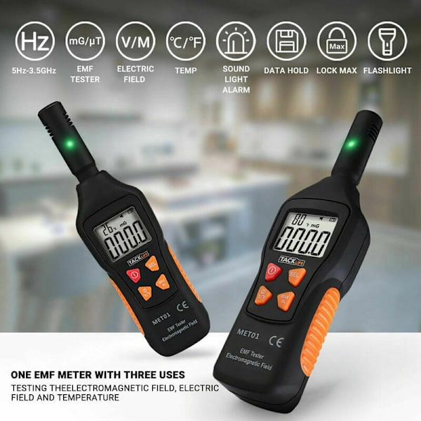 EMF-måler til elektromagnetisk stråling, 5HZ-3500MHz med 3 niveauer af lyd- og lysalarm - MET01
