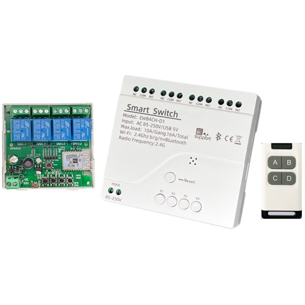 Smart WiFi Bluetooth Switch Relay Modul+Fjernbetjening 85-250V tænd/sluk-controller 4CH 2.4G WiFi Fjernbetjening til Alexa