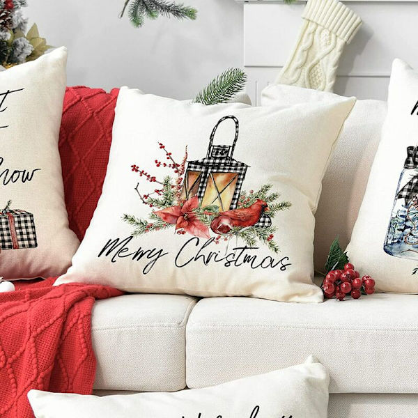 Jul kuddfodral 18X18 Set om 4, Rutig snögubbe träd kudde dekoration för soffa säng