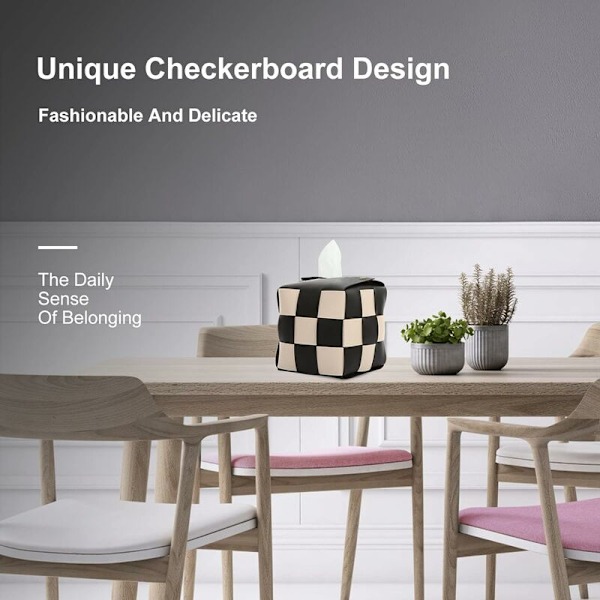 Vævæskeskrin Cover, Kvadratisk Vævæskeskrin Holder, Moderne Vævet PU Læder, Elegant Ternet Design, til Stue, Dekorativ Hylde, Badeværelse (Sort