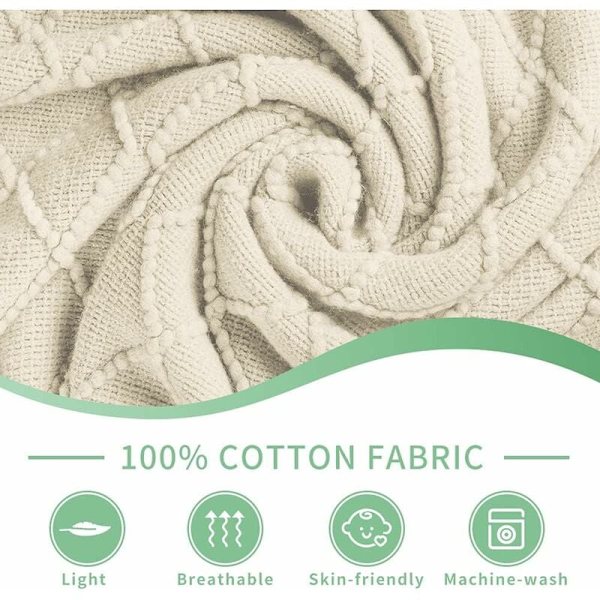 Rutete strikkede tepper, sengeteppe med frynser, strikkete teppe 150x200cm (Beige)