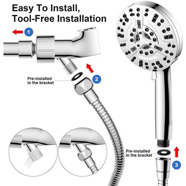 Dusjhode Sett - 10 Funksjons Håndholdt Dusjhode med 80 Tommers Slange Innebygd 2 Strømrensingsfunksjoner