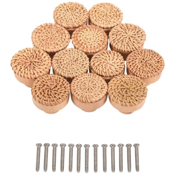 Boho Rattan Dørhåndtak Håndvevd Flettet Rundt Tre Skuffeknapper og Skruer for Boho Møbelknapper 12 Stykker