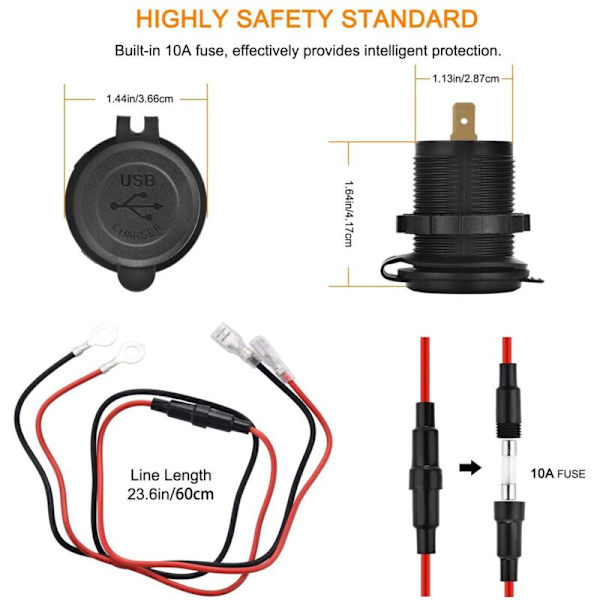 2X 12V USB-uttag, Dubbel QC 3.0 Billaddare med Strömbrytare, Vattentät Ström 36W