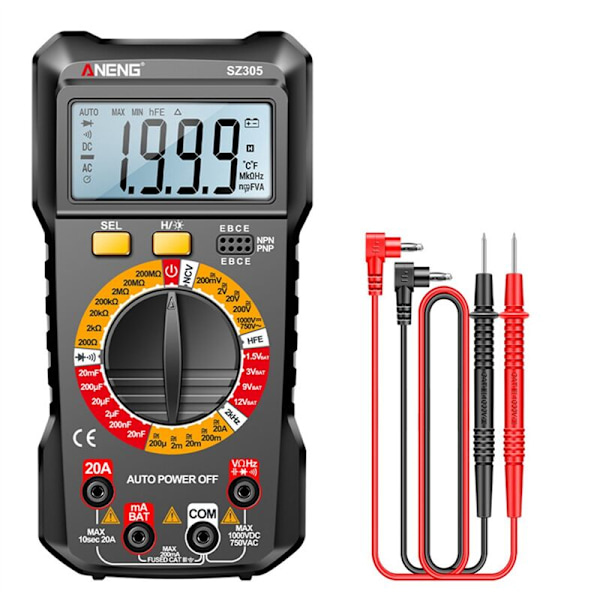 SZ305 1999 Räknare Multimeter Kondensator Testare Smart Voltmeter AC/DC Spänning Ström Resistans Ohm Testverktyg Svart
