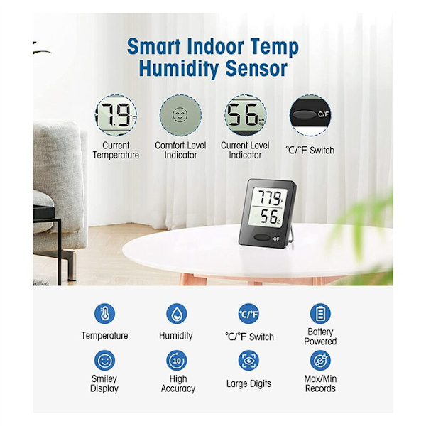 Indendørs termometer hygrometer, digitalt termometer med stort LCD-display, fugtighedsmåler til hjemmet kontor sort
