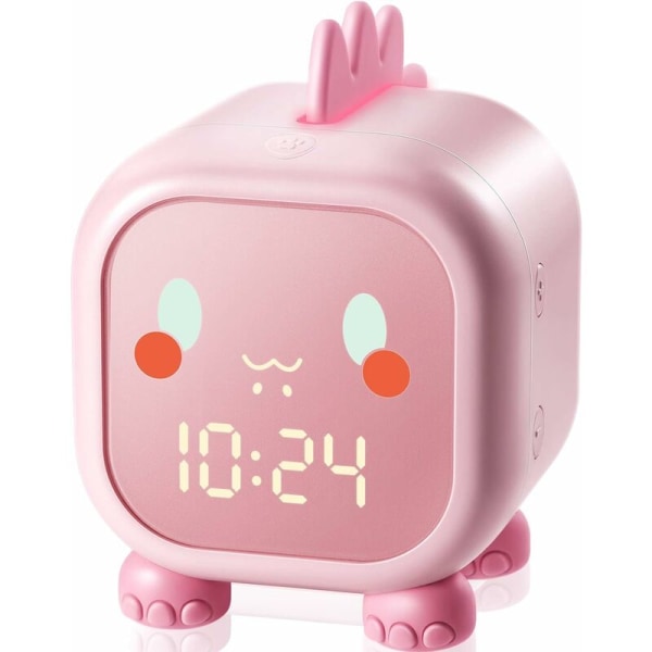 Children's Alarm Clock, Day/Night Light Colors Table Lamp, Night Light and Music Reminder, Time and Indoor Temperature Display-Pink-
