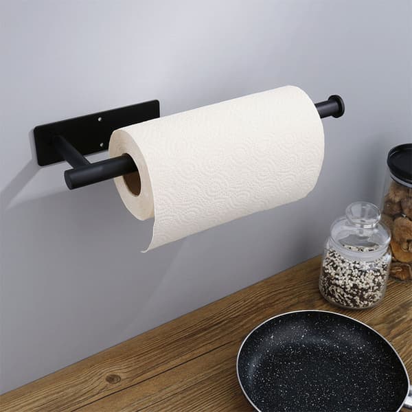 Papirhåndklædeholder med 4 kroge, sort perforeret papirrullerholder, egnet til badeværelse, køkken