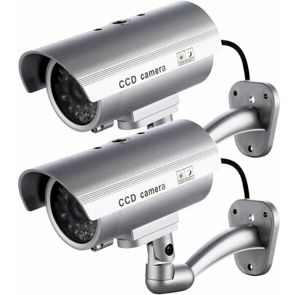 Dummykamera 2-pack, Falska Utomhuskameror för Inomhus- eller Utomhusbruk, med Kulform och Blinkande LED, RTGPT (Silver)