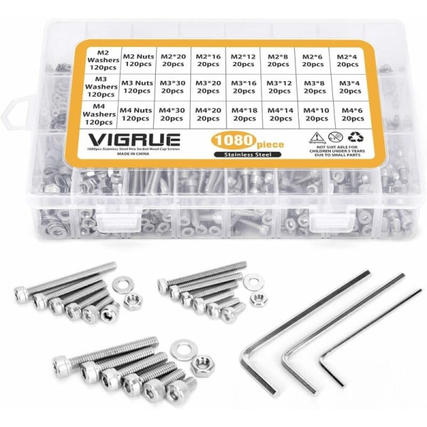Kit 1080PCS M2 M3 M4 Rostfritt Stål Hex Knapp Socket Huvud Kabel Bultar Skruvar med Muttrar Assortment