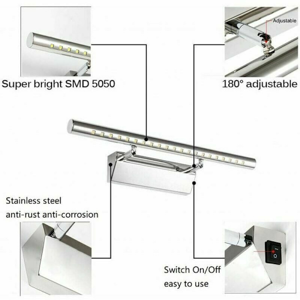 LED Badeværelseslampe med Spejl - 5W, Vandafvisende IP44, 180° Justerbar, Rustfrit Stålkontakt, til Makeupbelysning, WC, Toilet