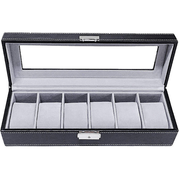 Klocklåda, smyckeskrin 30 x11 x 8cm, presentförpackning, klockfodral, 6 kuddar, enordslås grått sammetsfoder 6-bitars klocklåda