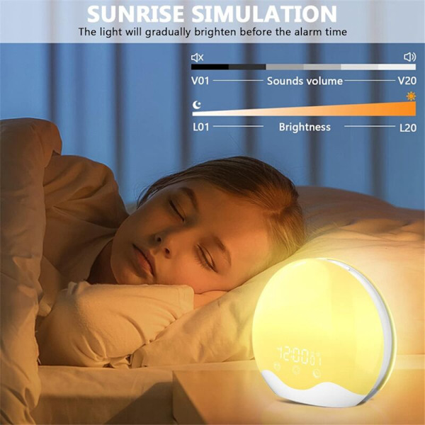 Auringonnousualahälytin herätysvalolla kosketusohjauksella, kaksipuolinen herätyskello makuuhuoneeseen, kaksoishälytys ja torkkutoiminto
