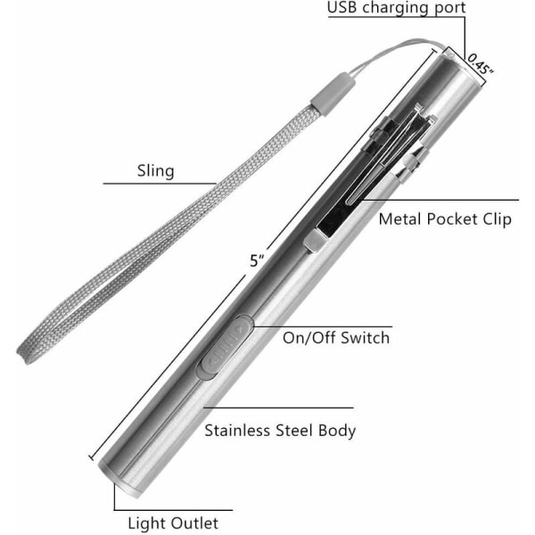 3 stk. USB genopladelig mini LED lommelygte, rustfrit stål vandtæt lommelygte med klip + USB-kabel til mekaniker, sygeplejerske, læge