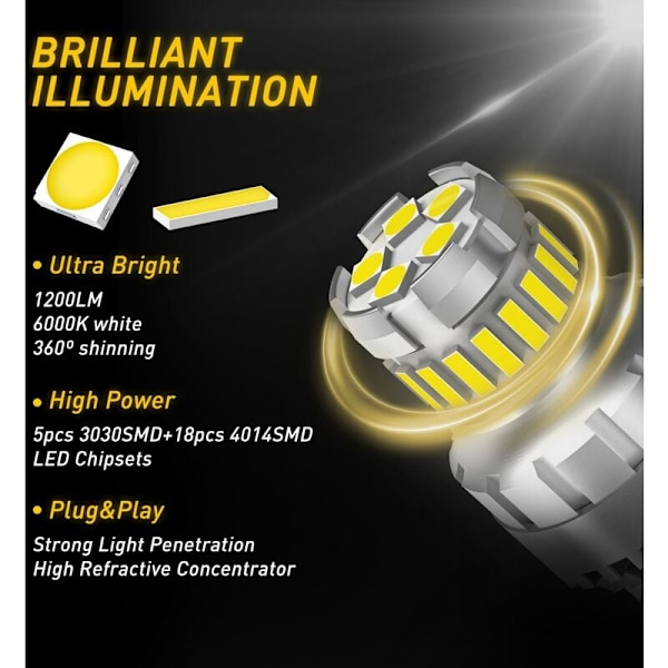 2 stk. Bil T20 7440 W21W LED Canbus Baklygter 7443 LED Pære Baglygter 6000K Super Lys Lampe
