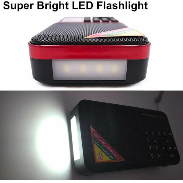Mini Kannettava FM-Radio USB Micro-SD Ja Sisäänrakennettu MP3-Soitin, LED-Taskulamppu, Ladattava 1500 mAh (Punainen)