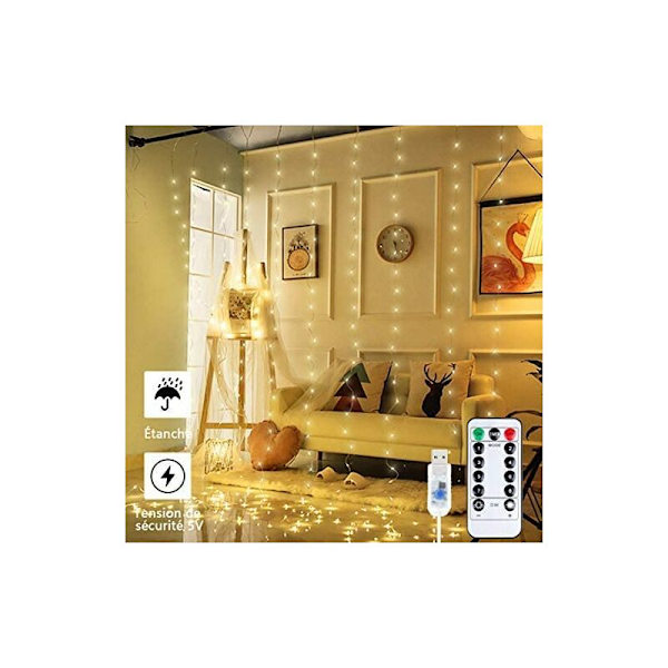 Gardiner Ljus 3 × 3M 300 LED 8 Belysningslägen, USB Fjärrkontroll Gardiner Ljus Fönsterdekoration, Inomhus för Jul, Bröllop, Hem, Patio-Varm