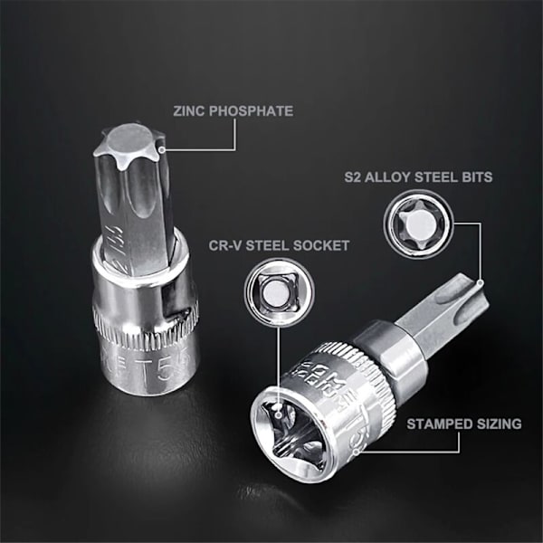 Sett med 13 Torx-hylser T8-T70 H2-H14, 1/4 tommer, 3/8 tommer og 1/2 for manuelt arbeid