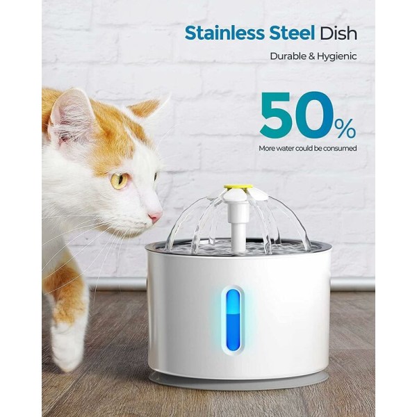 Vannfontene for katt og hund 2,4L, lydløs kattefontene med LED-vannstandsindikator og 3 aktiverte karbonfilter
