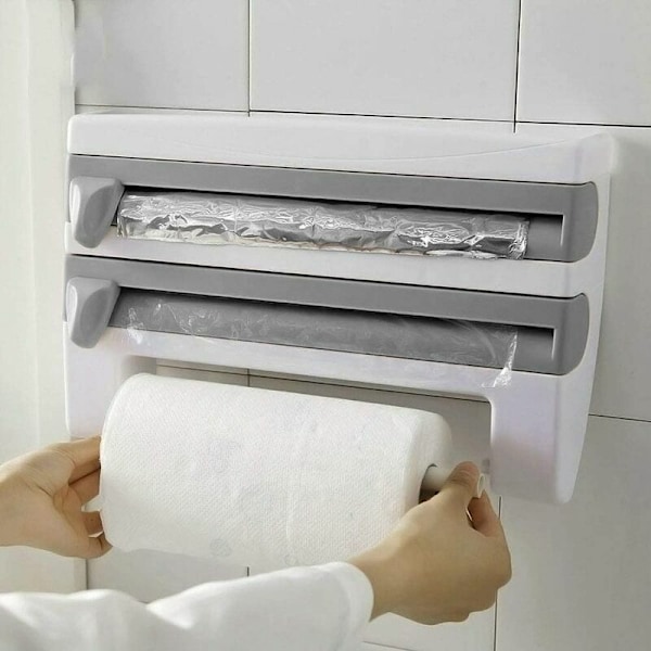 Dispenser til Aluminiumfolie og Madfilm, Rullepapirholder med Skarpe Blade og Opbevaringsstativ, til Køkken Badeværelse 15,35 x 3,94 x 9,45 Tommer