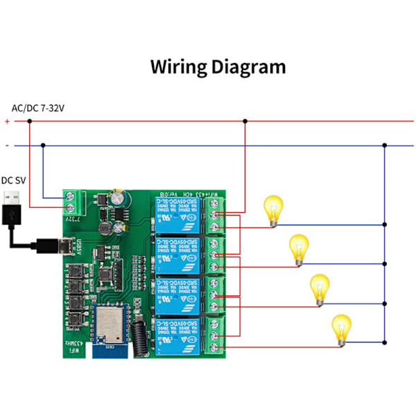 4CH Tuya WiFi Smart Switch DIY Timer + Fjernkontroll 7-32V USB 5V 2.4G WiFi Smartlife Hjemmeautomatisering Modul for IFTT Alexa