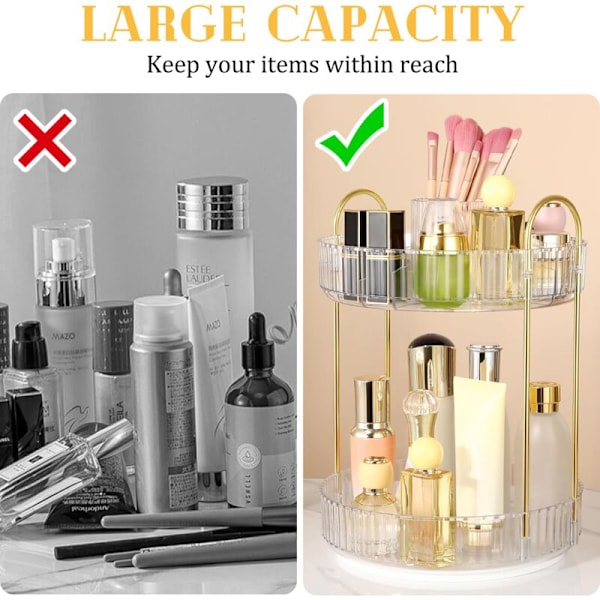 360° Drejelig Makeup-Organiser, Stor Kapacitet Badeværelsesbord Vanity Organiser, 2-lags Drejelig Hudplejeopbevaring