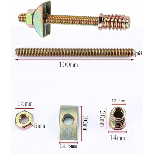 4 stk. M8 x 100mm 4 i 1 møbelbeslag, halvmåne møbelforbindelser, afstandsskiver til bord- og sengemontering, bolte og møtrikker