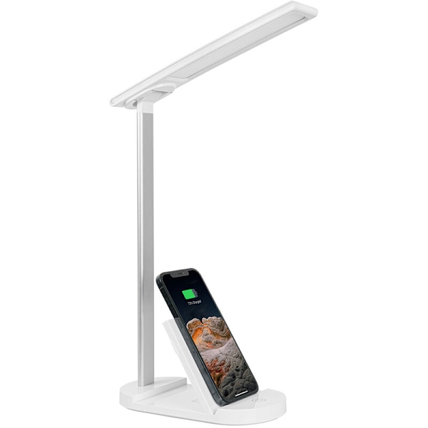 LED-skrivbordslampa med trådlös laddare, ögonvänlig bordslampa, USB-laddningsport, pekkontroll för sovrum, nattduksbord, kontor, studier och läsning