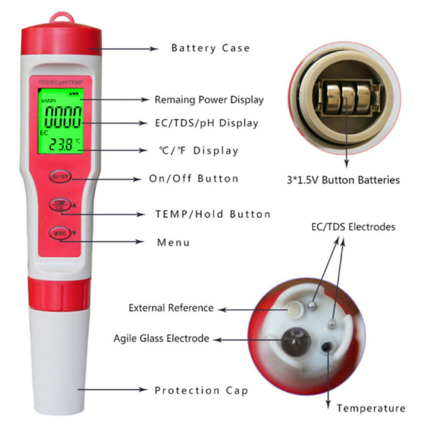 Tds Ph-mätare Ph//Ec/Temperaturmätare Digital Vattenkvalitetsmonitor Testare för simbassänger, dricksvatten, akvarier