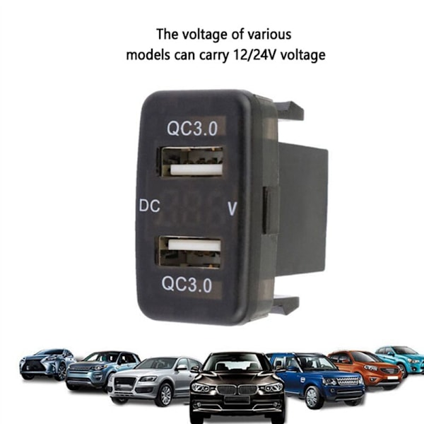 2X Bil Dual USB3.0 Lading med Voltmeter Display Spenning Lader Svart og Rød for