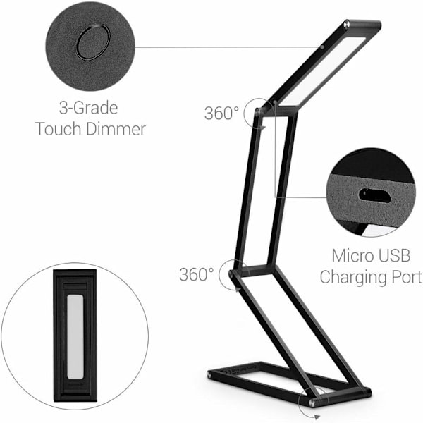Fällbar LED-bordlampa i aluminium - Batteridriven sänglampa, dimbar läslampa, Micro USB-laddningskabel - Batteridriven skrivbordslampa, fällbar