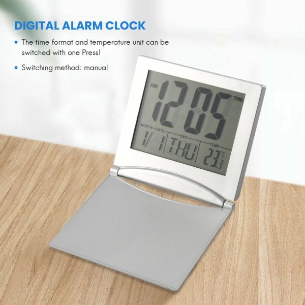 Mini resealarmklocka, hopfällbar digital LCD-skärm skrivbordsklockor med snooze-bakgrundsbelysning temperatur datum timer 12/24 timmar