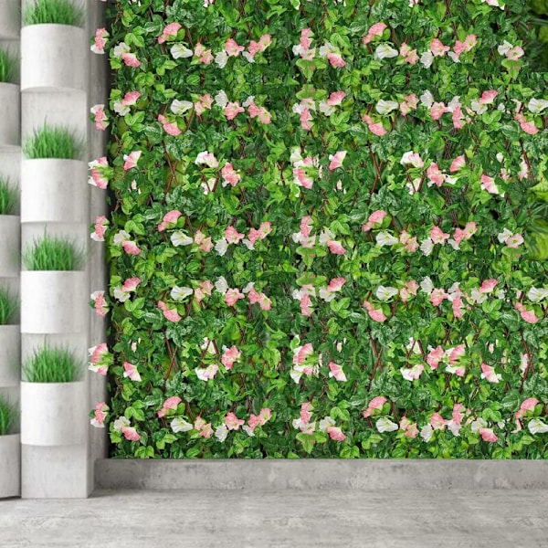 Kunstig Ivy Blad Hæk, Privatlivs Hæk, Kunstig Løvværk View Breeze Hæk med Blomst, Udvidbar Havegitter, Baghave Balkon Have Hæk