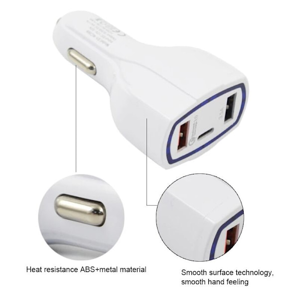 Pd Biloplader Qc3.0 Dobbelt USB Multi-porte 3.0 Opladning 5V3A18W Mobiltelefon Hvid