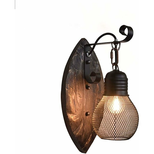Retro LED Vægslampe Jern Sconce (Sort) Massivt Træ Sconce til Sengebord Garage Sportsplads Soveværelse Stue Ø15Cm E27 (Uden Pære)